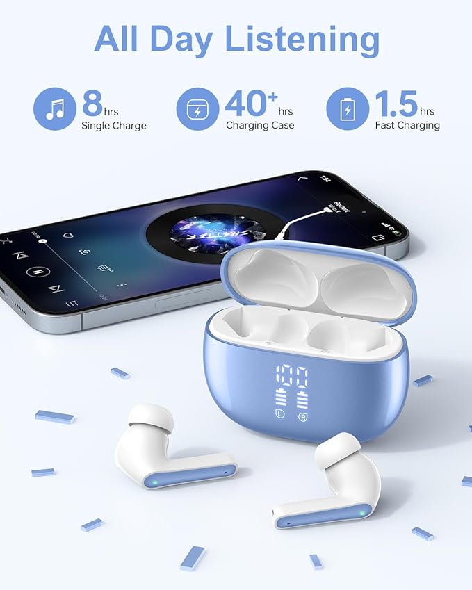 Wireless Earbuds, Bluetooth Ear Buds Headphones, 40H Long Playtime, Stereo Deep Bass, LED Power Display, IP7, Lightweight in Ear Earphone with Mic for iPhone Android Phone