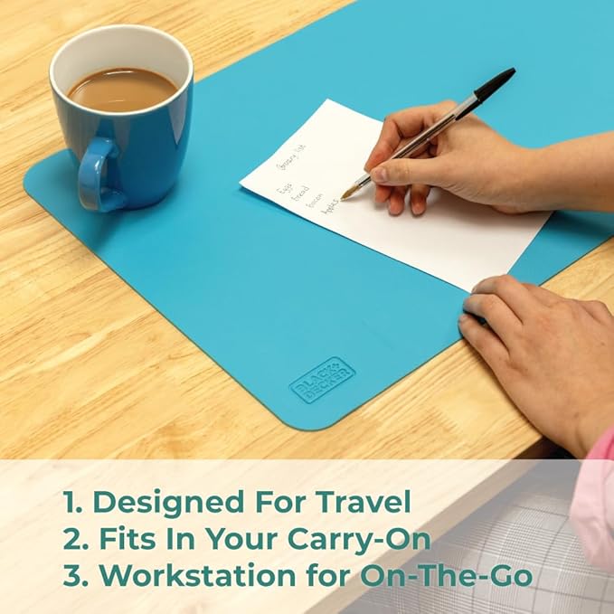 BLACK+DECKER Small Desk Mat, Keyboard Mats for Office, Office Desk Accessories, Protector Mat, Compact for Carry-On Bags, Ideal for Laptop, Computer, Mouse, Keyboard, Travel & Work (12"x 20") - Blue