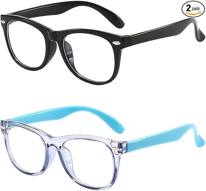 FANNYGO 2 Pack kids Blue Light Blocking Glasses For Girls And Boys Computer Blue Light Blocking Glasses For Age 3-11 (Black + Light blue)