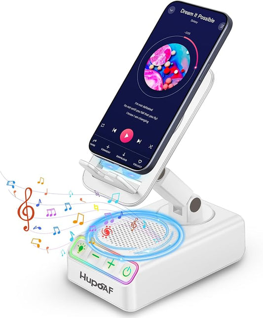 Adjustable Cell Phone Stand with Wireless Induction Bluetooth Speaker, HD Surround Sound for Home and Outdoors, Compatible with iPhone/Samsung Galaxy, 2026 Birthday Gifts for Men Women Dad Mom