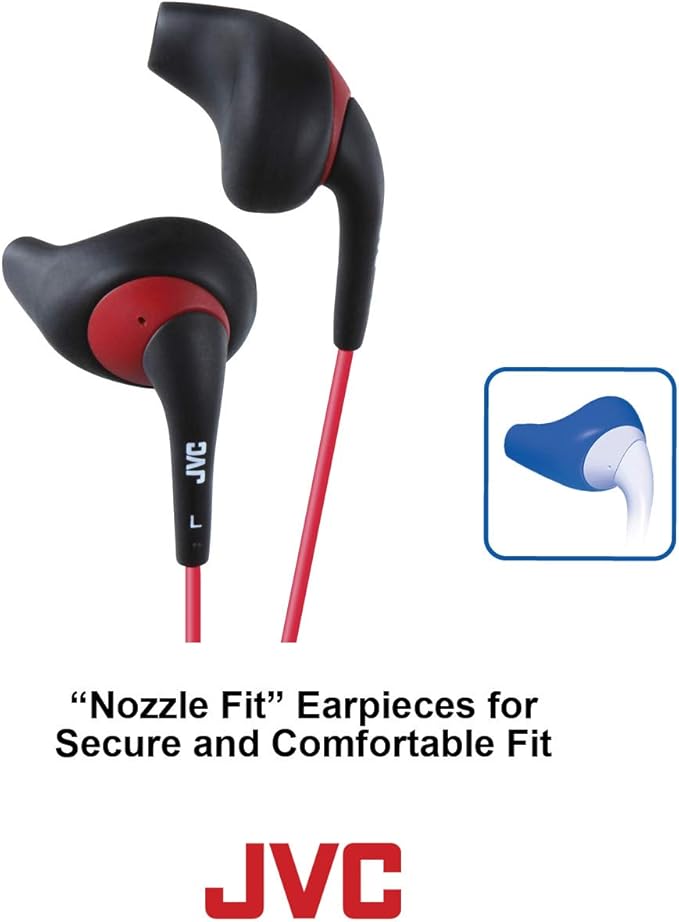 JVC Black and Red Nozzel Secure Comfort Fit Sweat Proof Gumy Sport Earbuds with long colored cord HA-EN10B