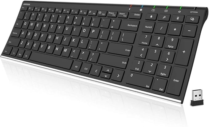 Arteck USB Wireless Keyboard Stainless Steel Ultra Slim Keyboard with Numeric Keypad for Computer/PC/Laptop and Windows 11/10/8 Rechargeable Battery