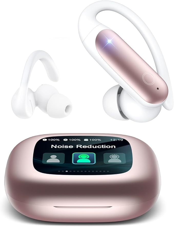 LEEMC Wireless Earbuds, Bluetooth Headphones 6.0, Ear Buds with Touch Screen, ANC ENC Noise Cancelling, 40H Bass Stereo Sound Over-Ear Earphones for iOS, Android, Sports, Workout, Rosegold