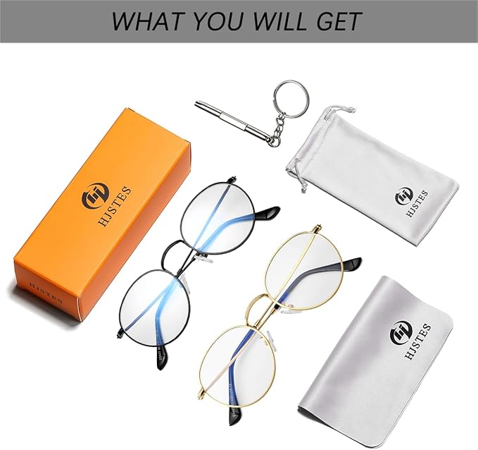 HJSTES Round Blue Light Glasses for Women Men Retro Circle Clear Lens Metal Frame Eyeglasses