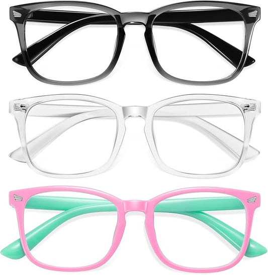Okany Blue Light Glasses for Kids Blue Light Blocking Glasses for Girls Boys Anti Glare Computer Gaming Glasses Eyestrain Protection Glasses for Age 3-10 (Black+White+Pg)