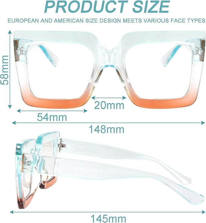 hoyuwak Oversized Square Blue Light Glasses Big Frame Computer Eyewear Thick Fashion Clear Glasses for Women Fashion
