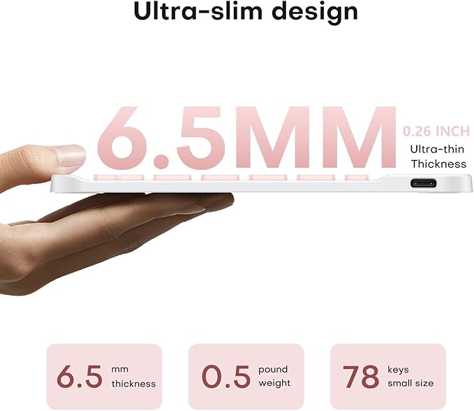 Emetok Wireless Keyboard for Tablet/iPad/iOS/Android/Windows, Mini Bluetooth Keyboard, Portable Size Ultra-Slim Design, Rechargeable Speedier Response/Comfortable Typing, Pink