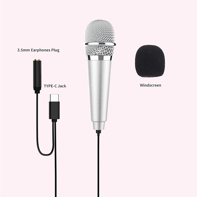 USB C Mini Karaoke Microphone for Android Phone, Laptop, Tablets Small ASMR Microphone for Voice Video Recording Singing, Vlogging, Podcasting YouTube (1 PCS Silver)