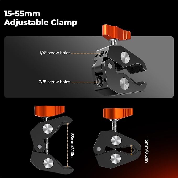 K&F CONCEPT 9.8" Magic Arm Clamp with Phone Holder, 360° Ball Heads Camera Arm Mount for Phone/LED Lights/Monitor/Flash/Microphone/DSLR Camera - Image 5