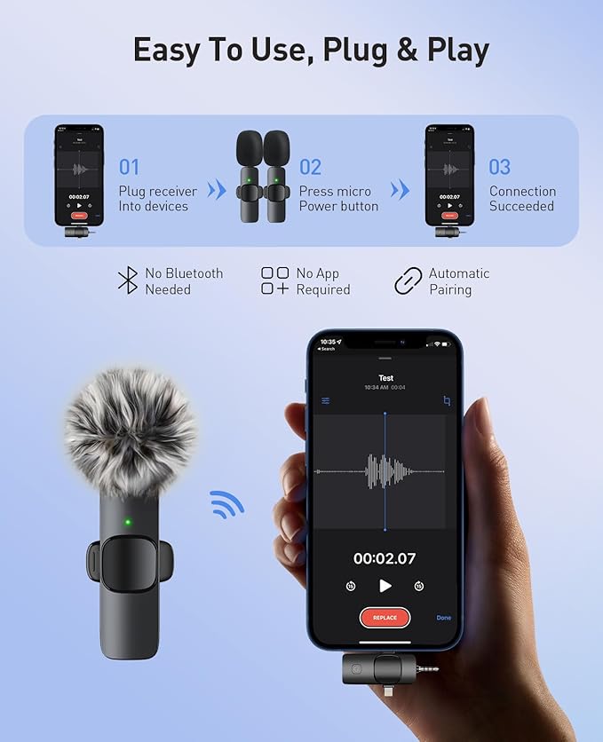 3-in-1 Mini Microphone for iPhone: Wireless Lavalier Microphone with 80ft Range & 15H Battery - Noise Reduction Lapel Mic, Real-Time Monitoring for Video Recording, Vlog, Bright Black
