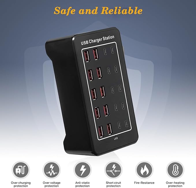 USB Charging Station, USB C Charger Block, 20Port (20A) Multiple Charging Hub Desktop 10 Port USB Charger Compatible for Apple iPhone, iPad, Samsung, Pixel, Cell Phone, Tablets, Office Home Use