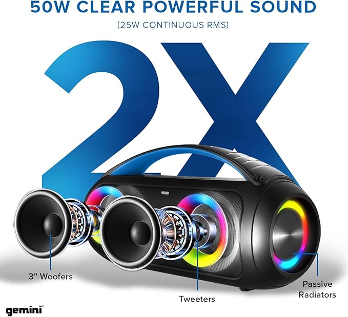 Gemini Portable Bluetooth Boombox Speaker with Deep Bass, LED Party Lights, FM Radio, USB, Mic Input & 7-Hour Battery – Rechargeable Wireless Speaker for Travel, Gym, or Home Use (GGO-230L)