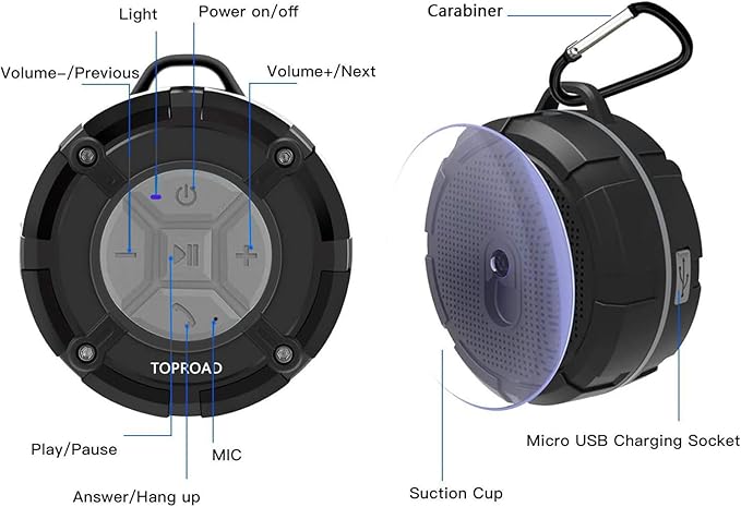 TOPROAD Portable Shower Speaker, IPX7 Waterproof Wireless Outdoor Speaker with HD Sound, 2 Suction Cups, Built-in Mic, Hands-Free Speakerphone for Bathroom, Pool, Beach, Hiking, Bicycle(Grey)