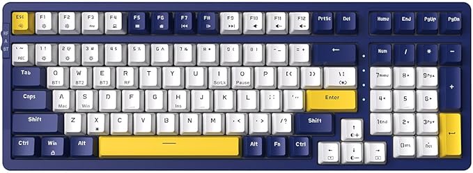 Wireless Mechanical Keyboard, Triple Mode 2.4G/USB-C/BT Gaming Keyboards 100 Keys Ice-Blue Backlit, Red Switch Keyboard | Rechargeable Mechanical Gaming Keyboards | Blue/White/Yellow