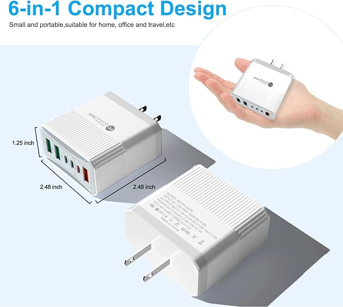 USB C Fast Charger 55W 6-Port Type C Wall Charger Block 55W USB-C Charging Station Power Adapter PD 25W QC3.0 Portable Type C Charging Block Cube for iPhones 15 14 12 Pro Max Pixel Note Galaxy Xiaomi