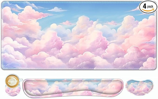ToLuLu Large Mouse Pad Desk Pad Set, Wrist Rest Support Desk Mat for Keyboard and Mouse, 4PCS 35.4”x15.7 XXL Giant Mouse Pad, Non-Slip Base Stitched Edges Mousepad for Home Office, Dreamy Clouds