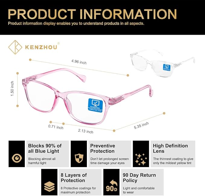 K KENZHOU Blue Light Glasses for Woman Men Bluelight Blocking Glasses for Computer Gaming Phones,Anti Eye Strain & UV Glare