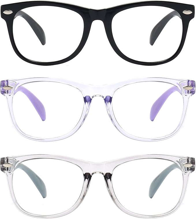 FANNYGO 3 Pack kids Blue Light Blocking Glasses For Girls And Boys Computer Blue Light Blocking Glasses For Age 3-9 (Black + Light purple + Light gray)