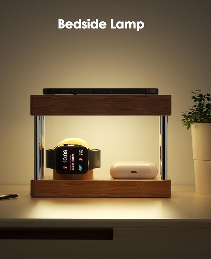 Bamboo Wireless Charging Station with Light: Ideal Gifts for Her Him 4 in 1 Charging Station for Multiple Devices, Bedside Wireless Charger for iPhones 16-8/Pro/AirPods/iWatch