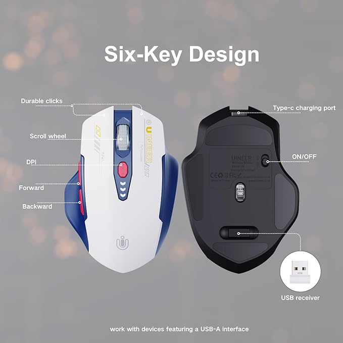 Uineer Wireless Mouse, [Upgraded] Visible Battery Display???Rechargeable Laptop Mice 2.4G USB, 4 Adjustable DPI Levels,Optical Rat??n Wireless for Laptop PC Computer,White and Blue