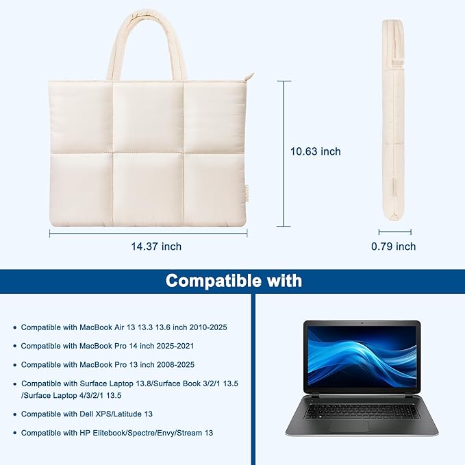 MOSISO 13-14 inch Laptop Case, 13.3 inch Puffy Laptop Sleeve Compatible with MacBook Air 13 13.3 13.6/Pro 13/14, HP Dell ASUS Lenovo, Six Rectangle Quilted Puffer Laptop Carrying Case with Handle,Sand