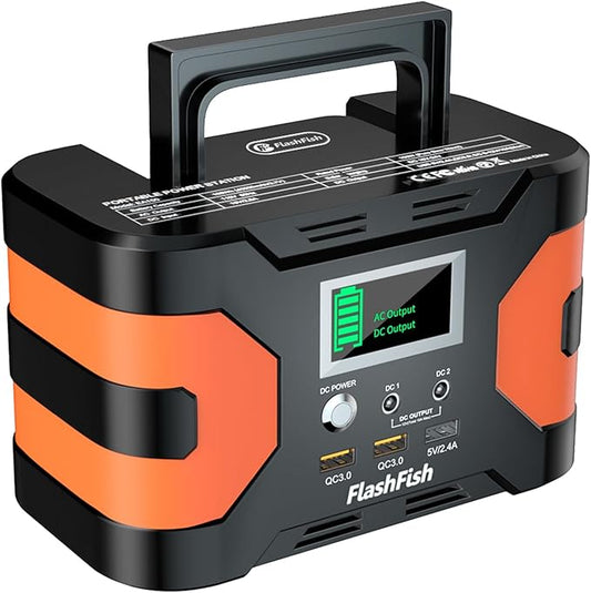 FF FLASHFISH 166Wh Portable Power Station, 150W Solar Generator with AC/Quick Charge USB/DC Outputs, Backup Power Battery Pack for Camping, CPAP, Travel, Home Emergency
