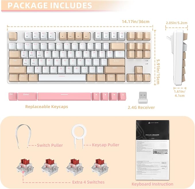 A.JAZZ Wireless Mechanical Keyboard, 87 Keys TKL Hot Swappable Bluetooth Gaming Keyboard, Dual Mode BT5.0/2.4G with Detachable Frame, USB Hub OEM Keycaps Custom Keyboard for PC Gamer Xbox(Red Switch)