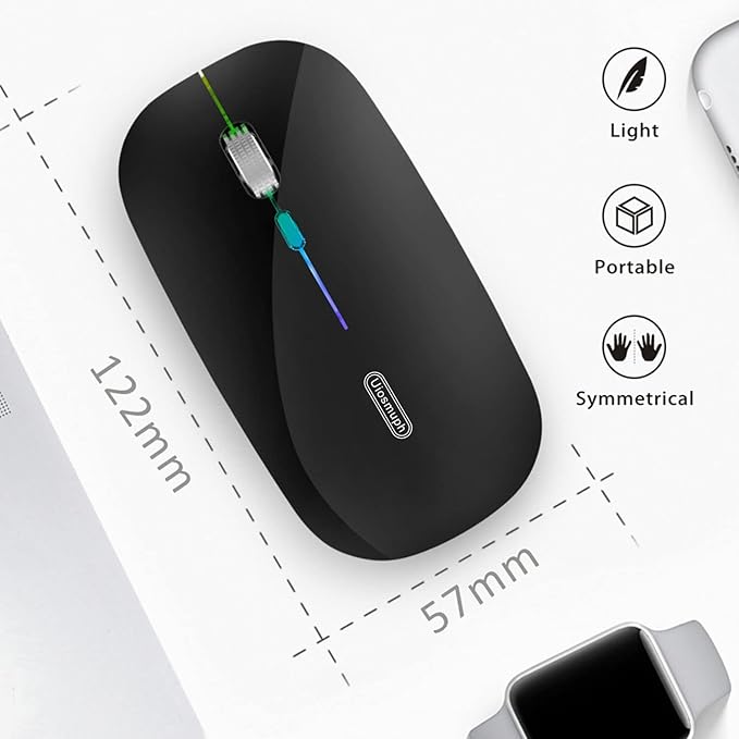 Uiosmuph LED Wireless Mouse, G12 Slim Rechargeable Silent Mouse, 2.4G Portable USB Optical Wireless Computer Mice with USB Receiver and Type C Adapter (Black)