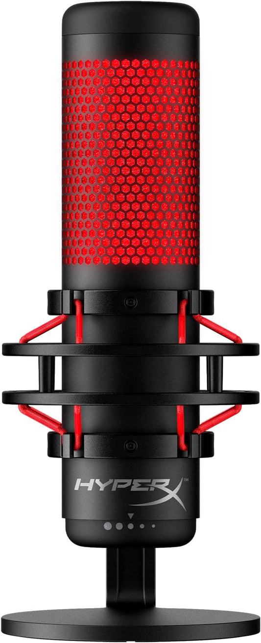 HyperX QuadCast - USB Condenser Gaming Microphone, for PC, PS4, PS5 and Mac, Anti-Vibration Shock Mount, Four Polar Patterns, Pop Filter, Gain Control, Podcasts, Twitch, YouTube, Discord, Red LED