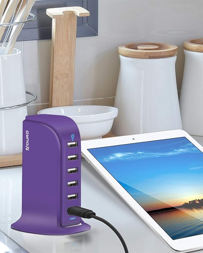 Aduro 40W 6-Port USB Desktop Charging Station Hub Wall Charger for iPhone iPad Tablets Smartphones with Smart Flow (Purple)