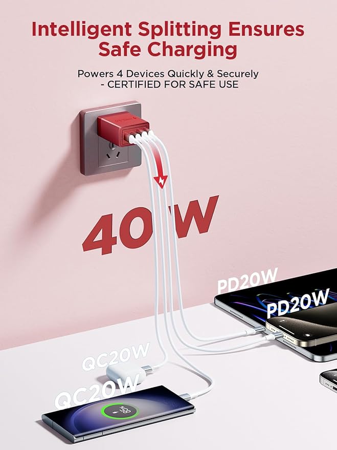 [3-Pack] USB Charger Fast Charging Block 40W Type C Charging Blocks 4-Port PD Power Adapter + QC Wall Plug Multiport USB C Charger Block for iPhone 17 16 15 14 13 12 11 Pro Max XR XS 8