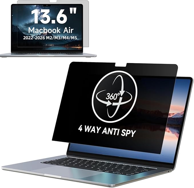 IPROKKO 360° Privacy Screen Macbook Air 13.6/13 Inch (2022-2026, M2, M3, M4, M5),Matte Anti Glare Blue Light 13.6in Mac Scratch Resistant Laptop Screen Protector Filter