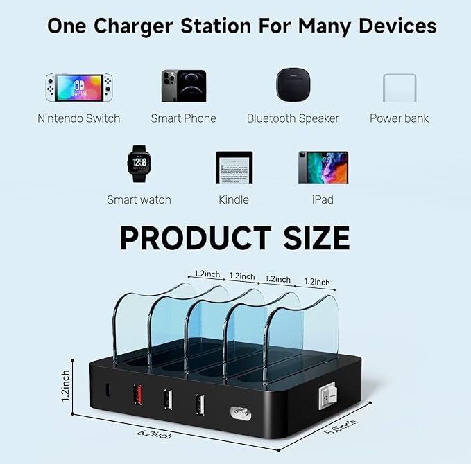 Charging Station for Multiple Devices - 4-Port 20W PD USB-C Charger for iPhone iPad Smartphones Tablets(Black)
