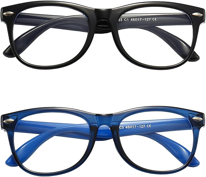 FANNYGO 2 Pack kids Blue Light Blocking Glasses For Girls And Boys Computer Blue Light Blocking Glasses For Age 3-11 (Black + Dark blue)