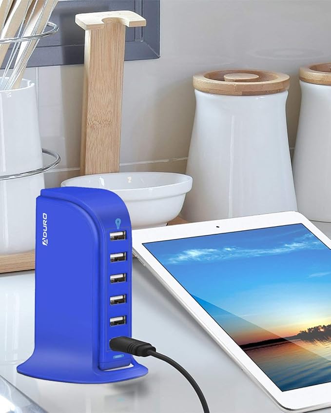 Aduro 40W 6-Port USB Desktop Charging Station Hub Wall Charger for iPhone iPad Tablets Smartphones with Smart Flow (Blue)