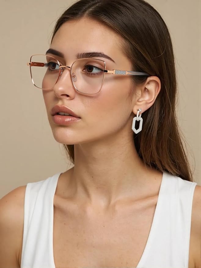 Dollger Square Blue Light Blocking Glasses for Women Trendy Oversized Computer Gaming Eyeglasses Cat Eye Metal Frame bluelight glasses Gold