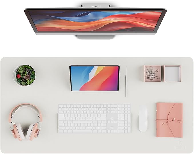 K KNODEL Leather Desk Pad Protector, Office Desk Mat, Large PVC Leather Desk Blotter, Non-Slip Mouse Pad (White, 17" x 35.4")