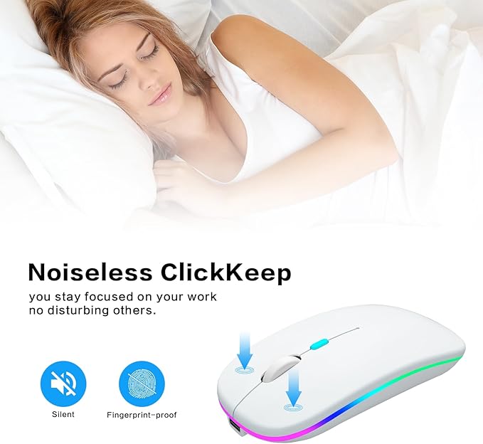 Wireless Bluetooth Mouse Rechargeable Laptop Mice with LED Use Portable(BT5.2 and USB 2.4G) Dual Mode Connection Silent Slim Computer Mouse for Laptop/iPad Tablet/Apple MacBook/PC(White)