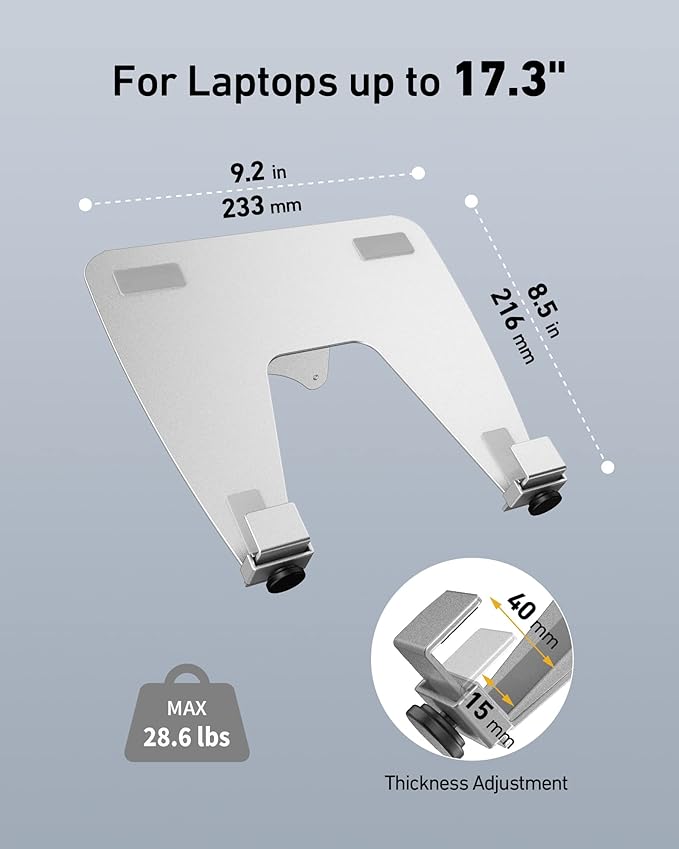 ergounion VESA Laptop Tray for Monitor Mount, Holds Laptops up to 17.3 Inches and 28.6 lbs, Fits 100x100mm VESA, Notebook Tray Office Desk Accessories, Silver