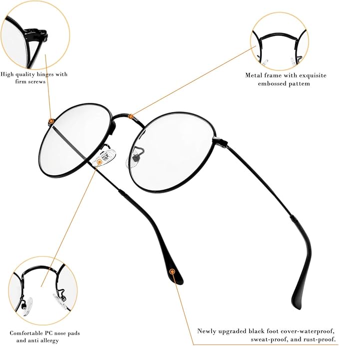 HJSTES Round Blue Light Glasses for Women Men Retro Circle Clear Lens Metal Frame Eyeglasses