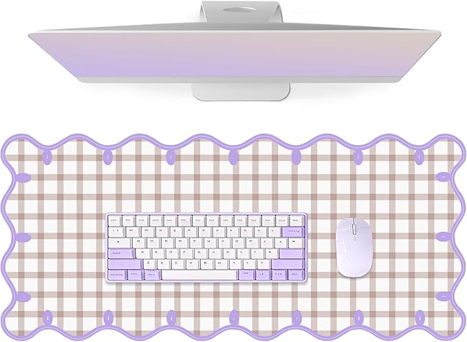Leather Desk Pad, Desk Mat Mouse Pad, Non-Slip Mousepad Waterproof PU Table Blotter for Computer Laptop Extra Large Keyboard Mat for Women Girl Office Home Dorm, Purple Scalloped + Apricot Checkered