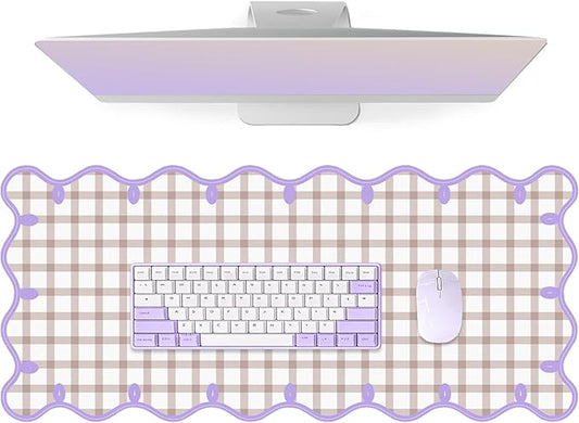 Leather Desk Pad, Desk Mat Mouse Pad, Non-Slip Mousepad Waterproof PU Table Blotter for Computer Laptop Extra Large Keyboard Mat for Women Girl Office Home Dorm, Purple Scalloped + Apricot Checkered