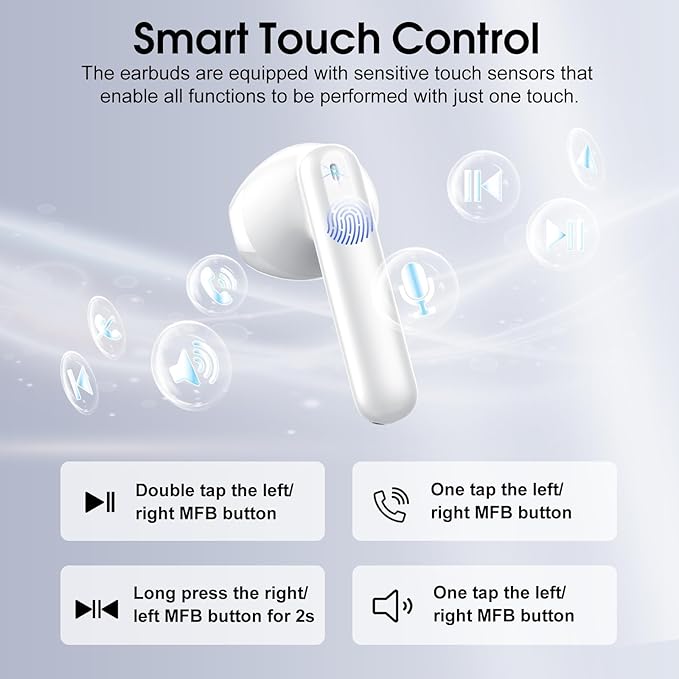 Wireless Earbuds, Bluetooth 5.4 Headphones with 3D Bass Stereo, 40H In-Ear Buds with 4 ENC Noise Cancelling Mic, Ultralight Bluetooth Earbuds USB-C LED, IP7 Waterproof Earphones for Android iOS, White