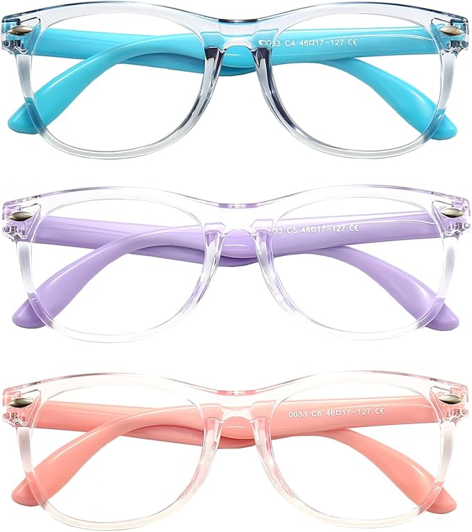 FANNYGO 3 Pack kids Blue Light Blocking Glasses for girls boys Computer Blue Light Blocking Glasses For Age 3-9 (Light blue + Light purple + Light pink)