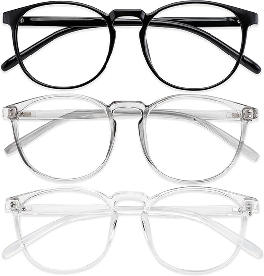 Przene 3 Pack Blue Light Blocking Glasses Women/Men,Retro Round Computer Glasses Anti Eye Strain/UV/Glare, Gaming Glasses. (Black/Crystal/Grey)
