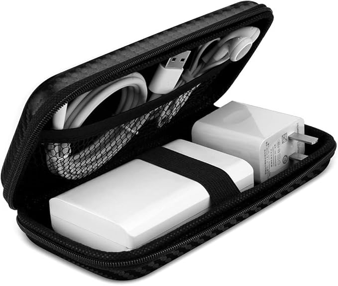 iMangoo Travel Essential Electronics Organizer Charger Case, Shockproof Dual Zipper Power Bank Cables Tech Accessories Pouch Purse, Men & Women Travel Must Have Storage Bag, 6.5x3.2x1 inch Fiber Black