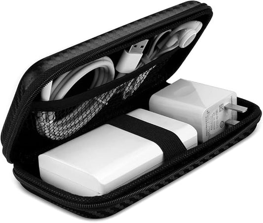 iMangoo Travel Essential Electronics Organizer Charger Case, Shockproof Dual Zipper Power Bank Cables Tech Accessories Pouch Purse, Men & Women Travel Must Have Storage Bag, 6.5x3.2x1 inch Fiber Black