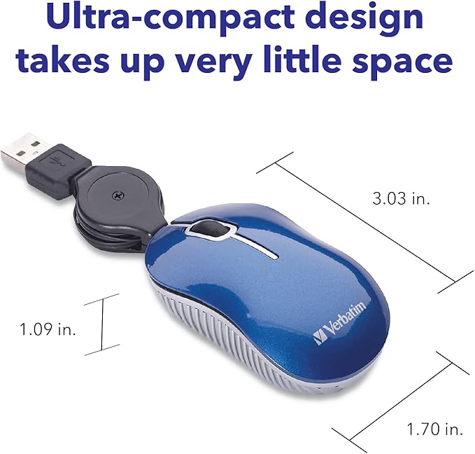 Verbatim Wired Optical Computer Mini USB-A Mouse - Plug & Play Corded Small Travel Mouse with Retractable Cable ?€? Blue 98616