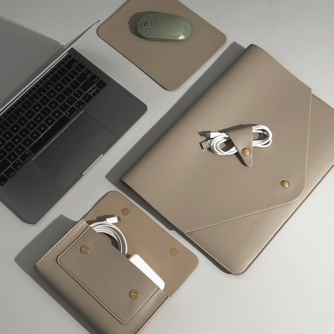 PU Leather Laptop Sleeve Compatible with New 14 inch MacBook Pro A2992 A2918 A2779 A2442,Old MacBook Pro Air 13, Surface Laptop 5th Gen 13.5, Thinkpad X1 Carbon 14 Set of 4PCS Color Khaki