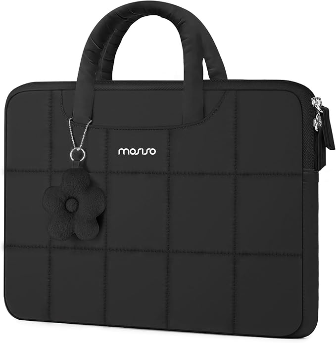 MOSISO Laptop Case 13.3 inch,13-13.3 inch Puffy Laptop Sleeve Compatible with MacBook Air 13 13.6/Pro/Neo 13/Pro 14,HP Dell ASUS Lenovo,Rectangle Quilted Bag with Handle&Flower Pendant, Black